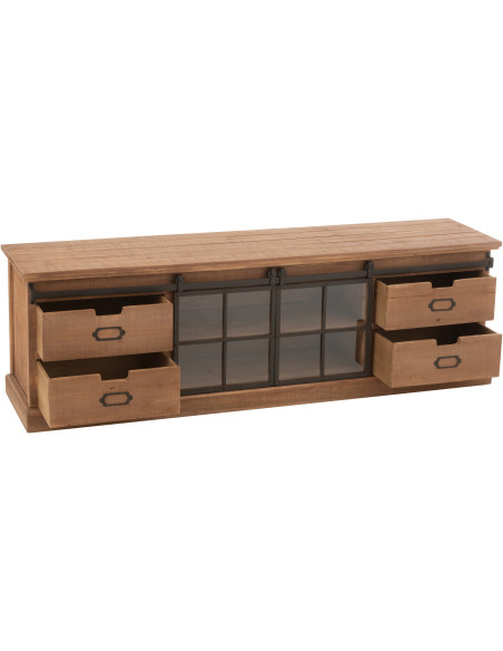 Grand Meuble télé industriel chic 2 portes 4 tiroirs en Bois MDF Naturel Verre Transparent Métal Noir Sinastra - 7