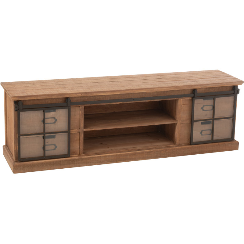 Grand Meuble télé industriel chic 2 portes 4 tiroirs en Bois MDF Naturel Verre Transparent Métal Noir Sinastra - 8