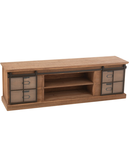 Grand Meuble télé industriel chic 2 portes 4 tiroirs en Bois MDF Naturel Verre Transparent Métal Noir Sinastra - 8