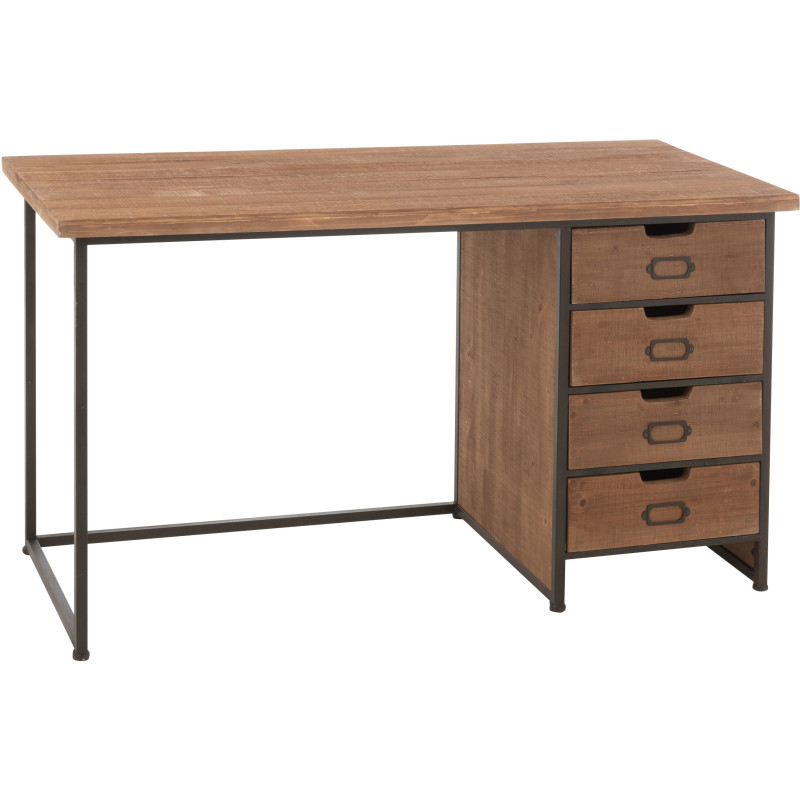 Bureau industriel chic 4 tiroirs en Bois MDF Naturel Verre Transparent Métal Noir Sinastra - 1