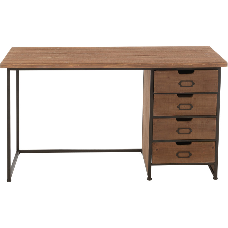 Bureau industriel chic 4 tiroirs en Bois MDF Naturel Verre Transparent Métal Noir Sinastra - 2