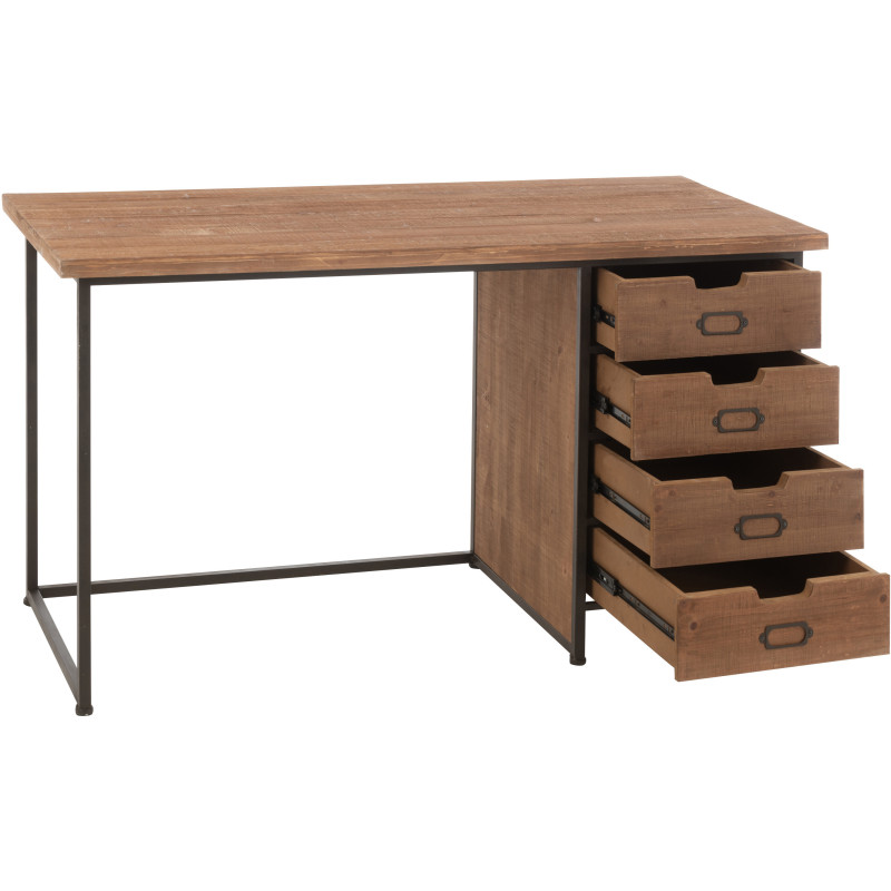 Bureau industriel chic 4 tiroirs en Bois MDF Naturel Verre Transparent Métal Noir Sinastra - 10