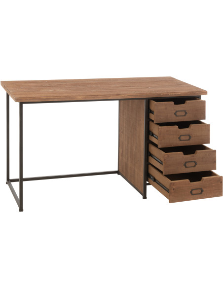 Bureau industriel chic 4 tiroirs en Bois MDF Naturel Verre Transparent Métal Noir Sinastra - 10