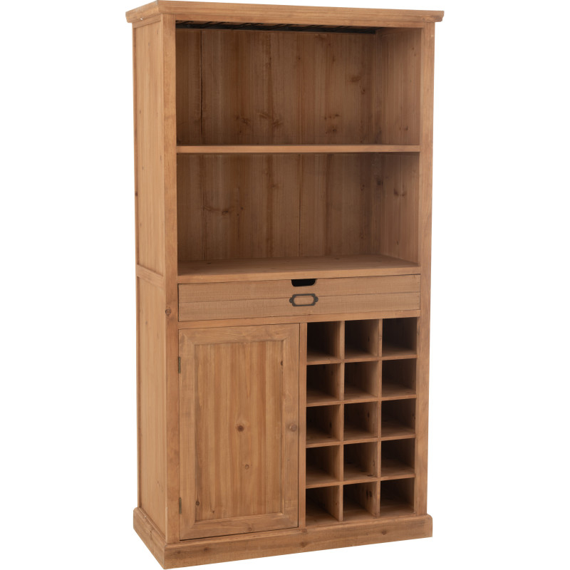 Grand Buffet industriel chic Haut 1 porte 1 tiroir 2 étagères 15 range-bouteilles en Bois MDF Naturel Verre Transparent Métal No