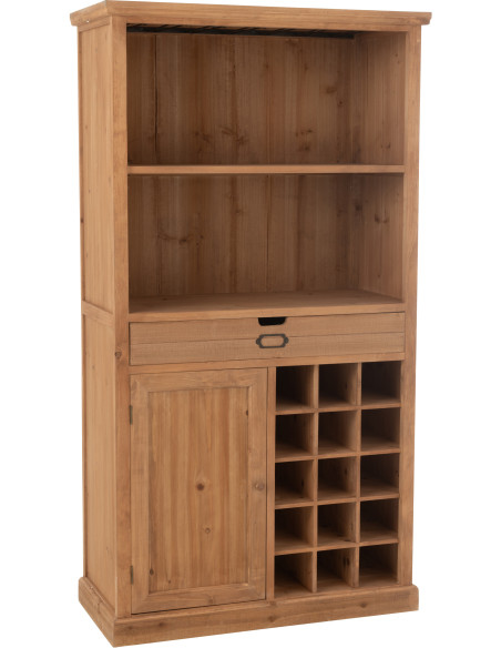 Grand Buffet industriel chic Haut 1 porte 1 tiroir 2 étagères 15 range-bouteilles en Bois MDF Naturel Verre Transparent Métal No