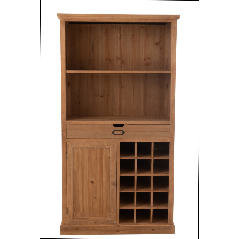 Grand Buffet industriel chic Haut 1 porte 1 tiroir 2 étagères 15 range-bouteilles en Bois MDF Naturel Verre Transparent Métal No