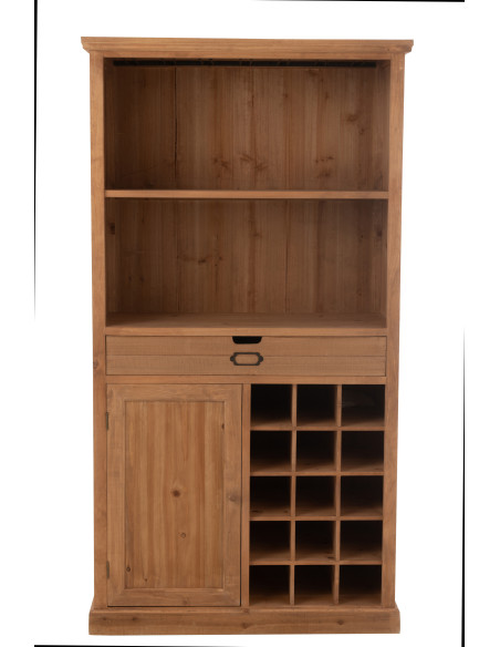 Grand Buffet industriel chic Haut 1 porte 1 tiroir 2 étagères 15 range-bouteilles en Bois MDF Naturel Verre Transparent Métal No