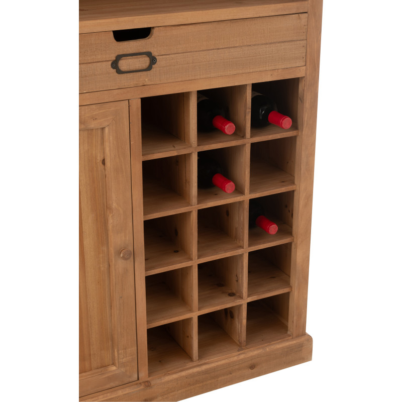 Grand Buffet industriel chic Haut 1 porte 1 tiroir 2 étagères 15 range-bouteilles en Bois MDF Naturel Verre Transparent Métal No