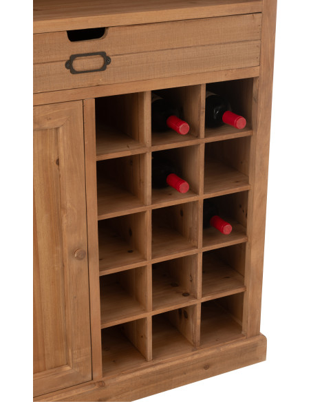 Grand Buffet industriel chic Haut 1 porte 1 tiroir 2 étagères 15 range-bouteilles en Bois MDF Naturel Verre Transparent Métal No