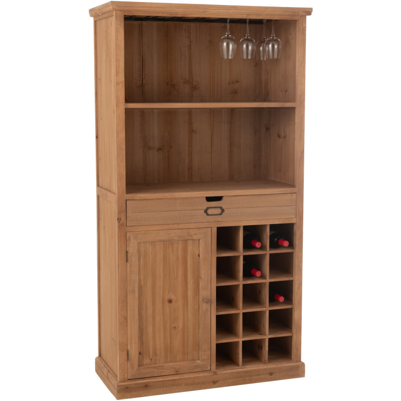 Grand Buffet industriel chic Haut 1 porte 1 tiroir 2 étagères 15 range-bouteilles en Bois MDF Naturel Verre Transparent Métal No