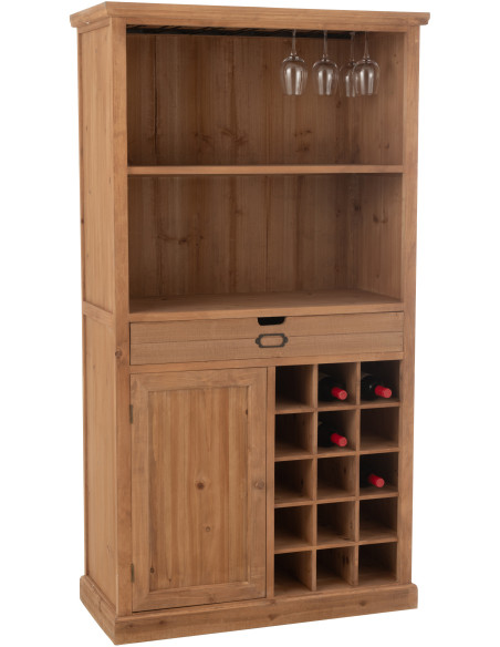 Grand Buffet industriel chic Haut 1 porte 1 tiroir 2 étagères 15 range-bouteilles en Bois MDF Naturel Verre Transparent Métal No