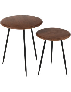 Table d'appoint moderne Ronde en Bois d'hévéa Naturel Métal Noir Neo (Lot de 2) - 1
