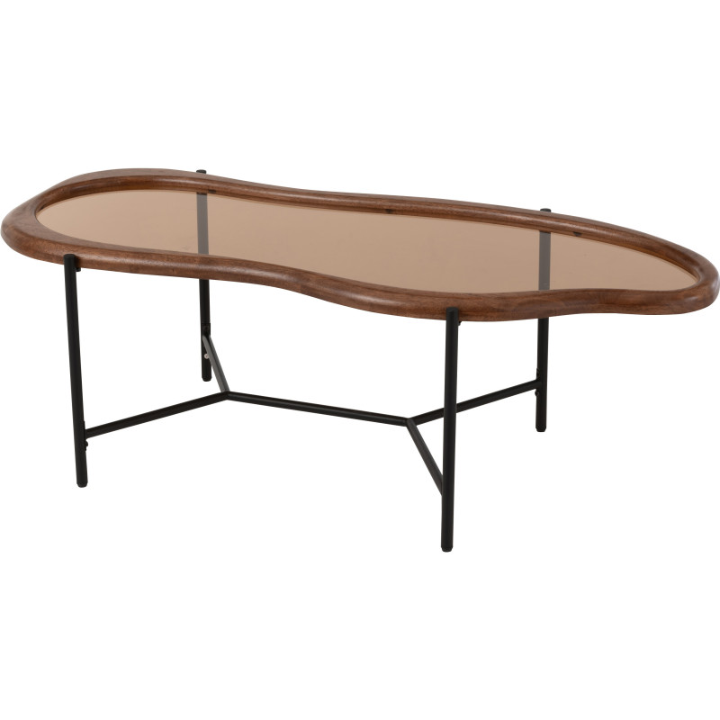 Grande Table basse moderne Organique en Bois Marron Verre Ambré Métal Noir Zir - 1