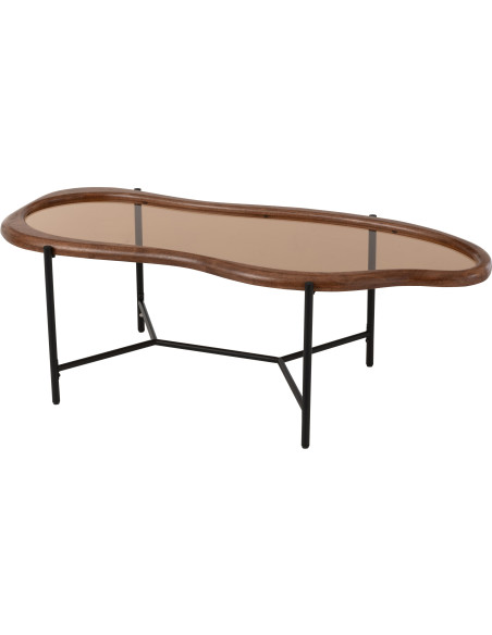 Grande Table basse moderne Organique en Bois Marron Verre Ambré Métal Noir Zir - 1