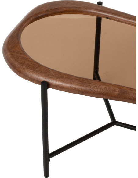 Grande Table basse moderne Organique en Bois Marron Verre Ambré Métal Noir Zir - 7
