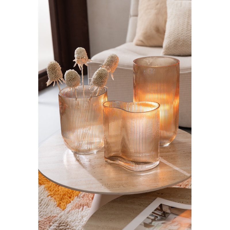Vase moderne nervuré Cylindrique Hauteur 21 cm en Verre Ambré Motif lignes Lineae - 2