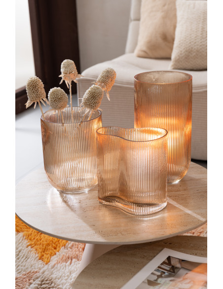 Vase moderne nervuré Cylindrique Hauteur 21 cm en Verre Ambré Motif lignes Lineae - 2