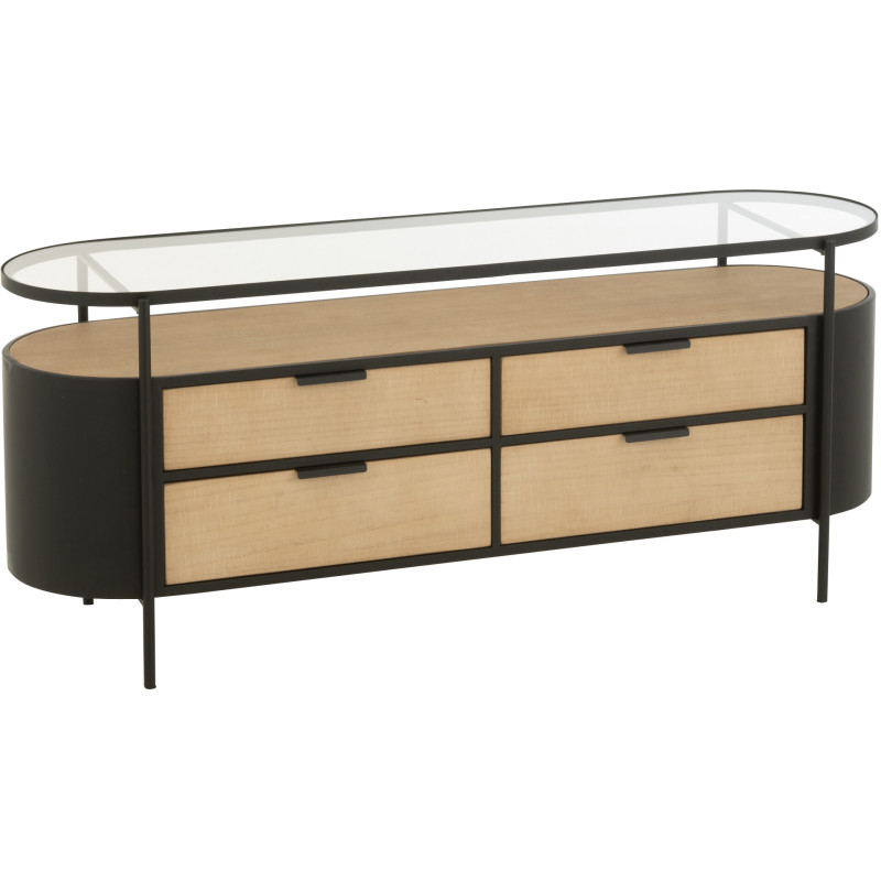 Meuble télé industriel moderne Arrondi 4 tiroirs 2 étagères en Métal Noir Bois Naturel Verre Transparent - 1