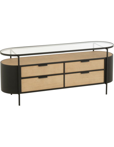 Meuble télé industriel moderne Arrondi 4 tiroirs 2 étagères en Métal Noir Bois Naturel Verre Transparent - 1