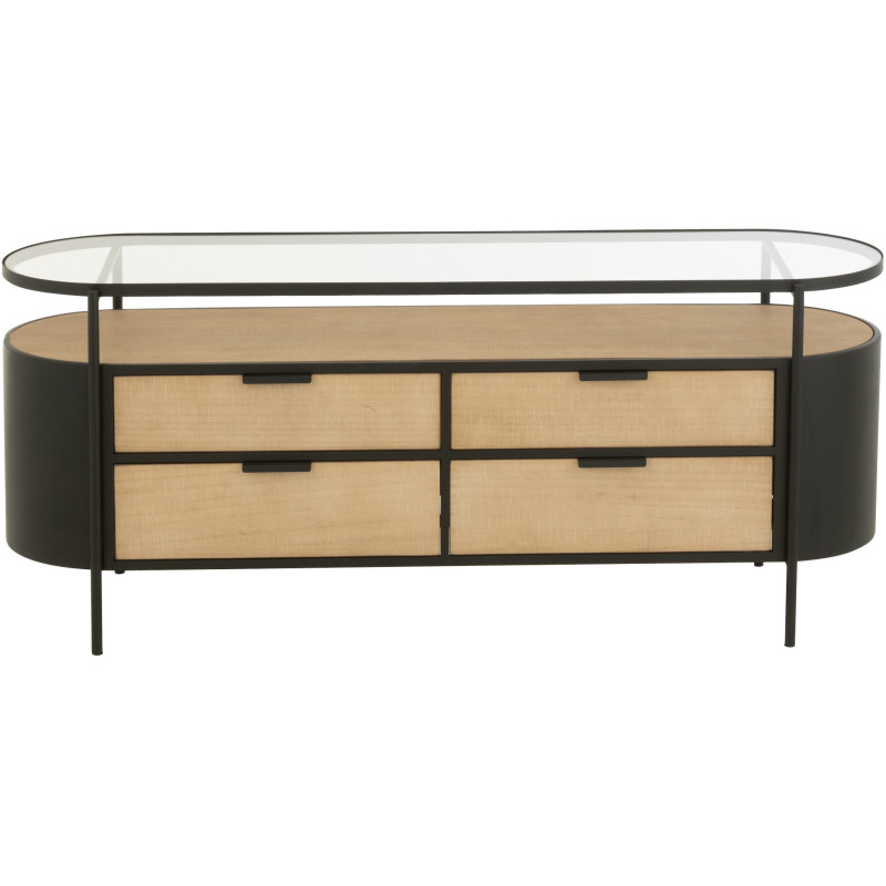 Meuble télé industriel moderne Arrondi 4 tiroirs 2 étagères en Métal Noir Bois Naturel Verre Transparent - 2