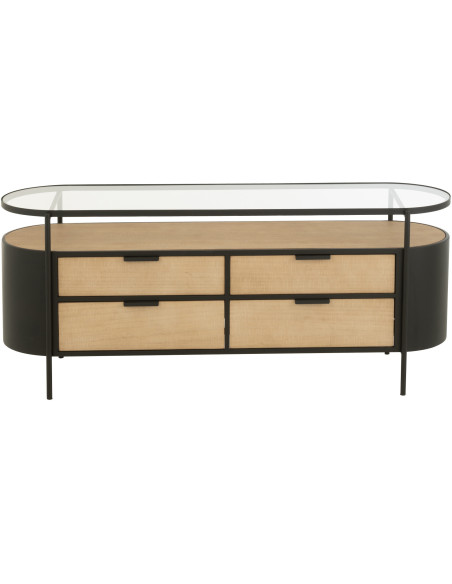 Meuble télé industriel moderne Arrondi 4 tiroirs 2 étagères en Métal Noir Bois Naturel Verre Transparent - 2