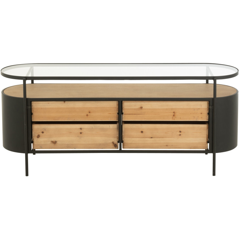 Meuble télé industriel moderne Arrondi 4 tiroirs 2 étagères en Métal Noir Bois Naturel Verre Transparent - 4