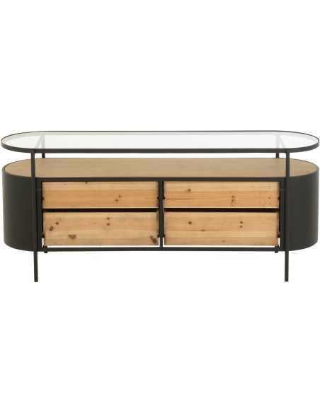 Meuble télé industriel moderne Arrondi 4 tiroirs 2 étagères en Métal Noir Bois Naturel Verre Transparent - 4