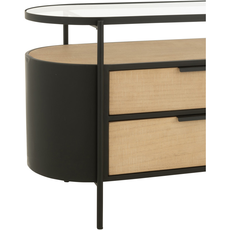 Meuble télé industriel moderne Arrondi 4 tiroirs 2 étagères en Métal Noir Bois Naturel Verre Transparent - 5