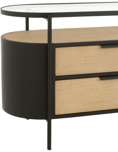 Meuble télé industriel moderne Arrondi 4 tiroirs 2 étagères en Métal Noir Bois Naturel Verre Transparent - 5