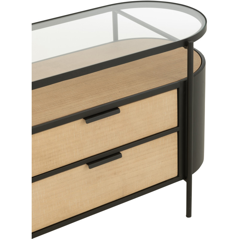 Meuble télé industriel moderne Arrondi 4 tiroirs 2 étagères en Métal Noir Bois Naturel Verre Transparent - 6