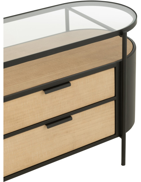 Meuble télé industriel moderne Arrondi 4 tiroirs 2 étagères en Métal Noir Bois Naturel Verre Transparent - 6