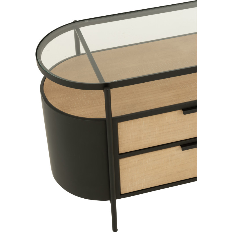 Meuble télé industriel moderne Arrondi 4 tiroirs 2 étagères en Métal Noir Bois Naturel Verre Transparent - 7