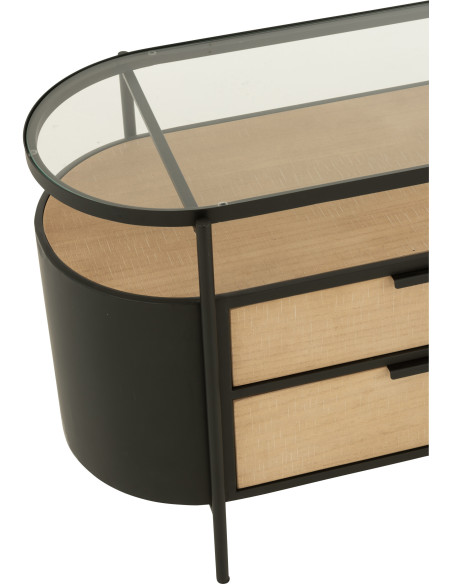 Meuble télé industriel moderne Arrondi 4 tiroirs 2 étagères en Métal Noir Bois Naturel Verre Transparent - 7