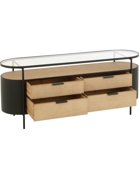 Meuble télé industriel moderne Arrondi 4 tiroirs 2 étagères en Métal Noir Bois Naturel Verre Transparent - 8