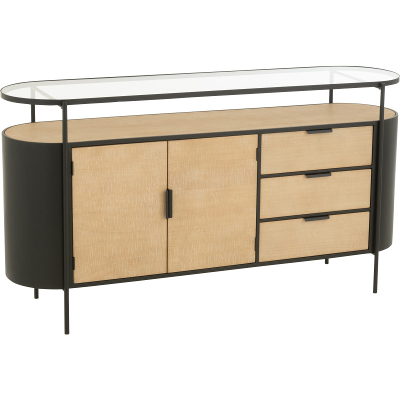 Buffet industriel moderne Bas Arrondi 2 portes 3 tiroirs 2 étagères en Métal Noir Bois Naturel Verre Transparent - 1