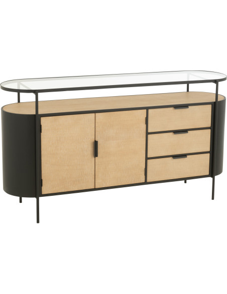Buffet industriel moderne Bas Arrondi 2 portes 3 tiroirs 2 étagères en Métal Noir Bois Naturel Verre Transparent - 1