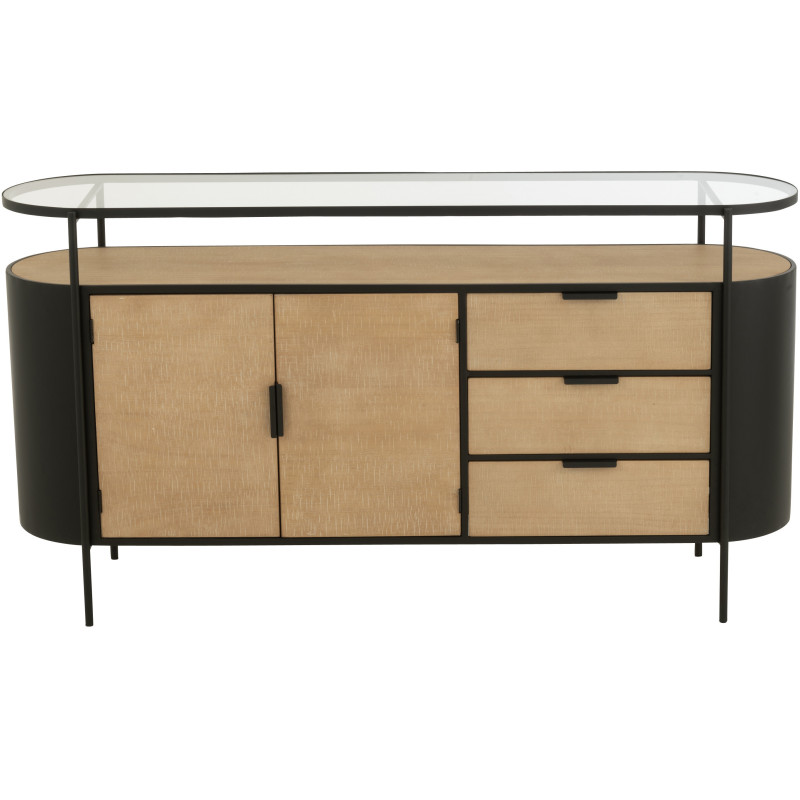 Buffet industriel moderne Bas Arrondi 2 portes 3 tiroirs 2 étagères en Métal Noir Bois Naturel Verre Transparent - 2
