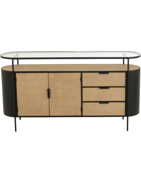 Buffet industriel moderne Bas Arrondi 2 portes 3 tiroirs 2 étagères en Métal Noir Bois Naturel Verre Transparent - 2