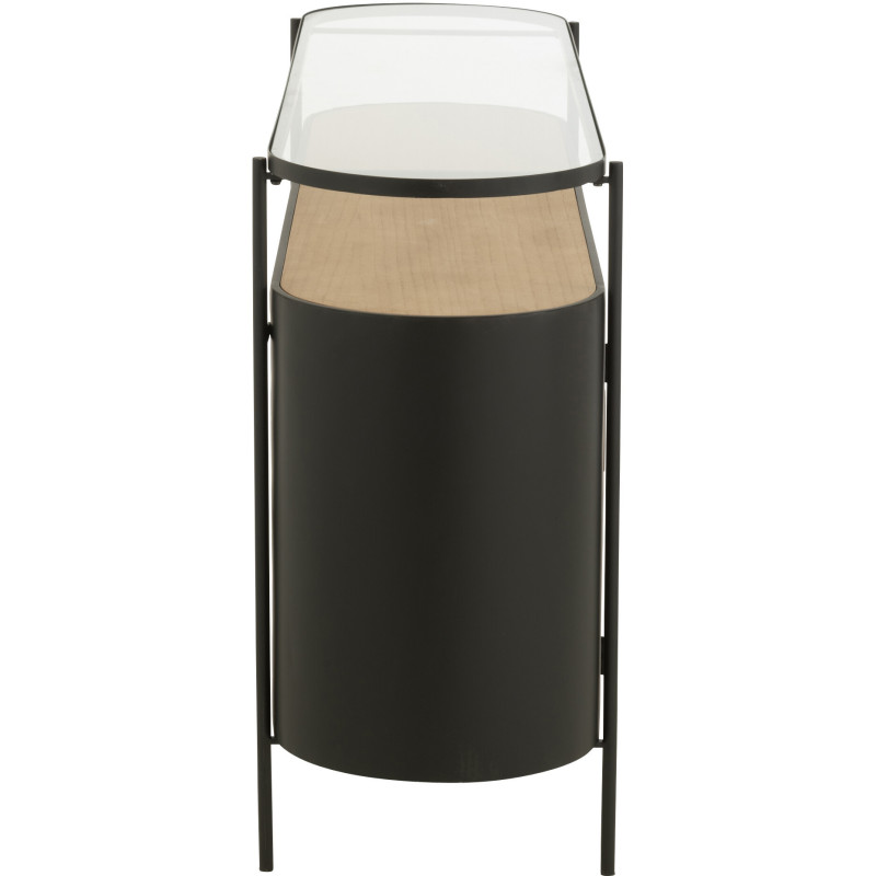 Buffet industriel moderne Bas Arrondi 2 portes 3 tiroirs 2 étagères en Métal Noir Bois Naturel Verre Transparent - 3