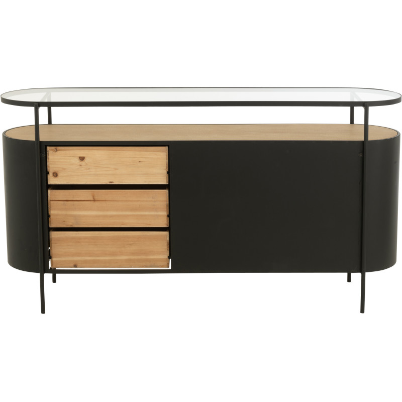 Buffet industriel moderne Bas Arrondi 2 portes 3 tiroirs 2 étagères en Métal Noir Bois Naturel Verre Transparent - 4