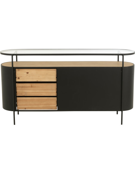 Buffet industriel moderne Bas Arrondi 2 portes 3 tiroirs 2 étagères en Métal Noir Bois Naturel Verre Transparent - 4