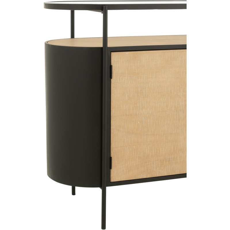 Buffet industriel moderne Bas Arrondi 2 portes 3 tiroirs 2 étagères en Métal Noir Bois Naturel Verre Transparent - 5