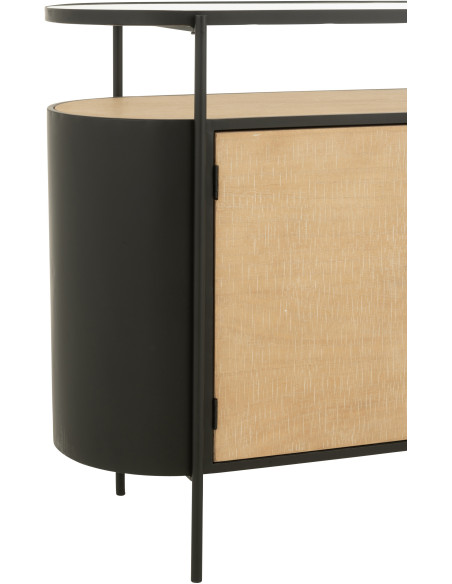 Buffet industriel moderne Bas Arrondi 2 portes 3 tiroirs 2 étagères en Métal Noir Bois Naturel Verre Transparent - 5