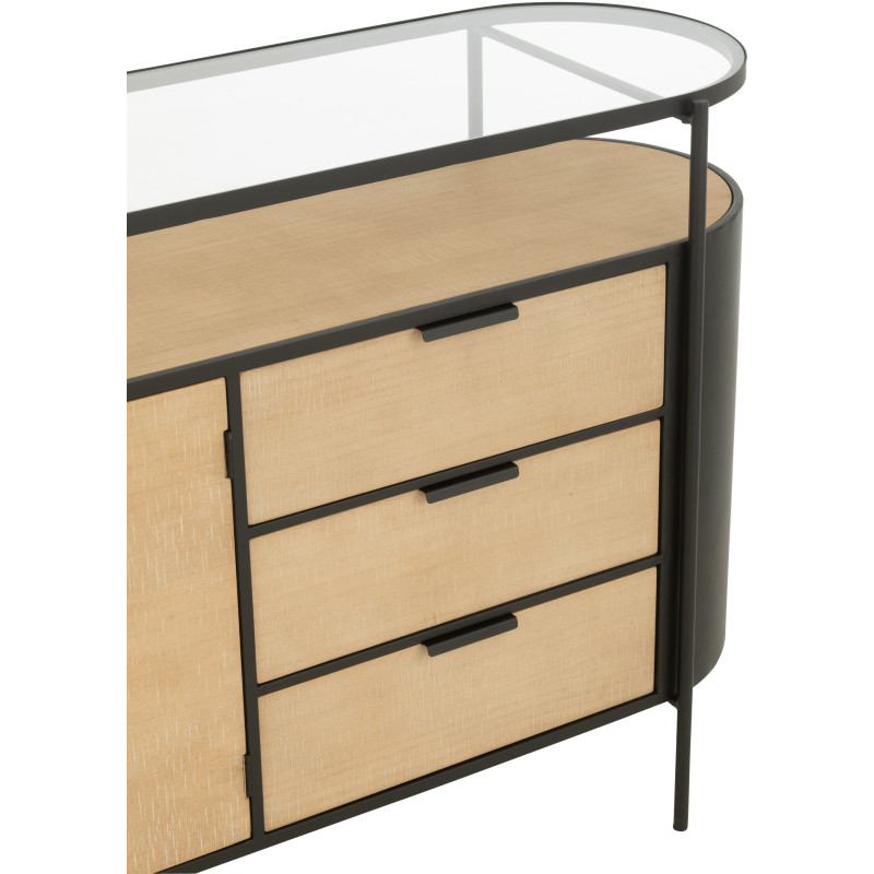 Buffet industriel moderne Bas Arrondi 2 portes 3 tiroirs 2 étagères en Métal Noir Bois Naturel Verre Transparent - 6