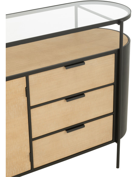 Buffet industriel moderne Bas Arrondi 2 portes 3 tiroirs 2 étagères en Métal Noir Bois Naturel Verre Transparent - 6