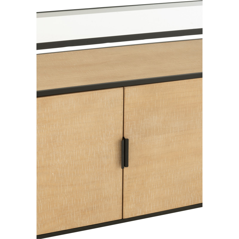 Buffet industriel moderne Bas Arrondi 2 portes 3 tiroirs 2 étagères en Métal Noir Bois Naturel Verre Transparent - 7