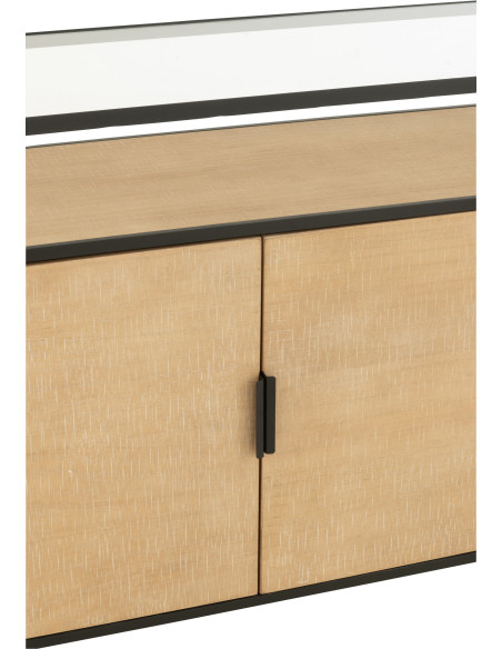 Buffet industriel moderne Bas Arrondi 2 portes 3 tiroirs 2 étagères en Métal Noir Bois Naturel Verre Transparent - 7