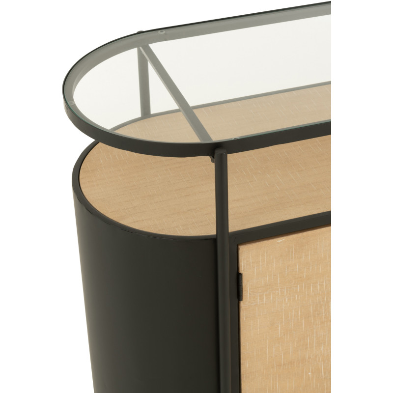 Buffet industriel moderne Bas Arrondi 2 portes 3 tiroirs 2 étagères en Métal Noir Bois Naturel Verre Transparent - 8