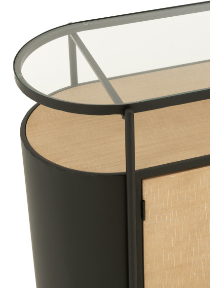 Buffet industriel moderne Bas Arrondi 2 portes 3 tiroirs 2 étagères en Métal Noir Bois Naturel Verre Transparent - 8