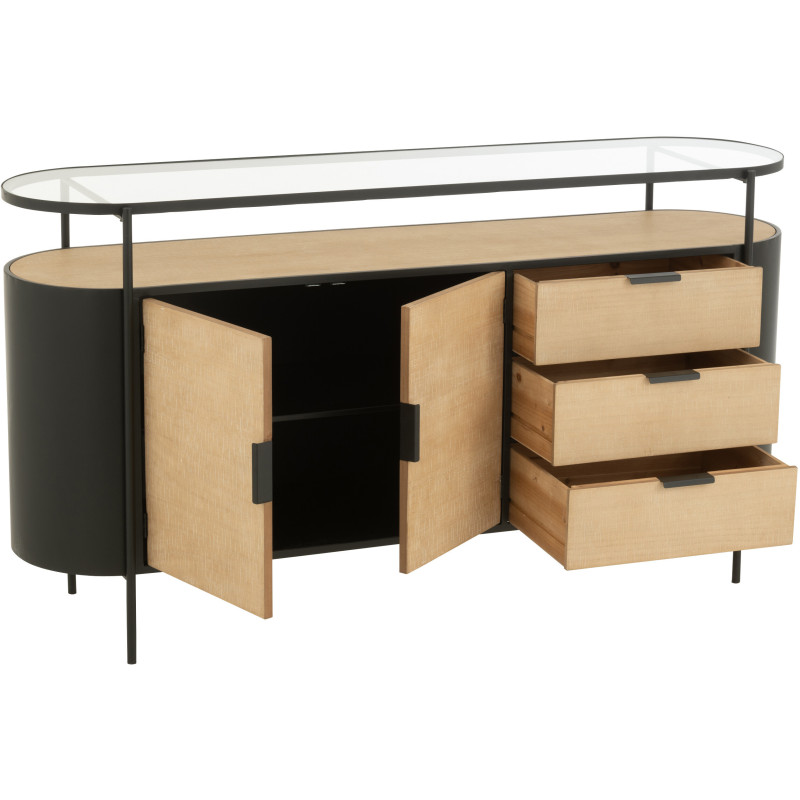 Buffet industriel moderne Bas Arrondi 2 portes 3 tiroirs 2 étagères en Métal Noir Bois Naturel Verre Transparent - 9